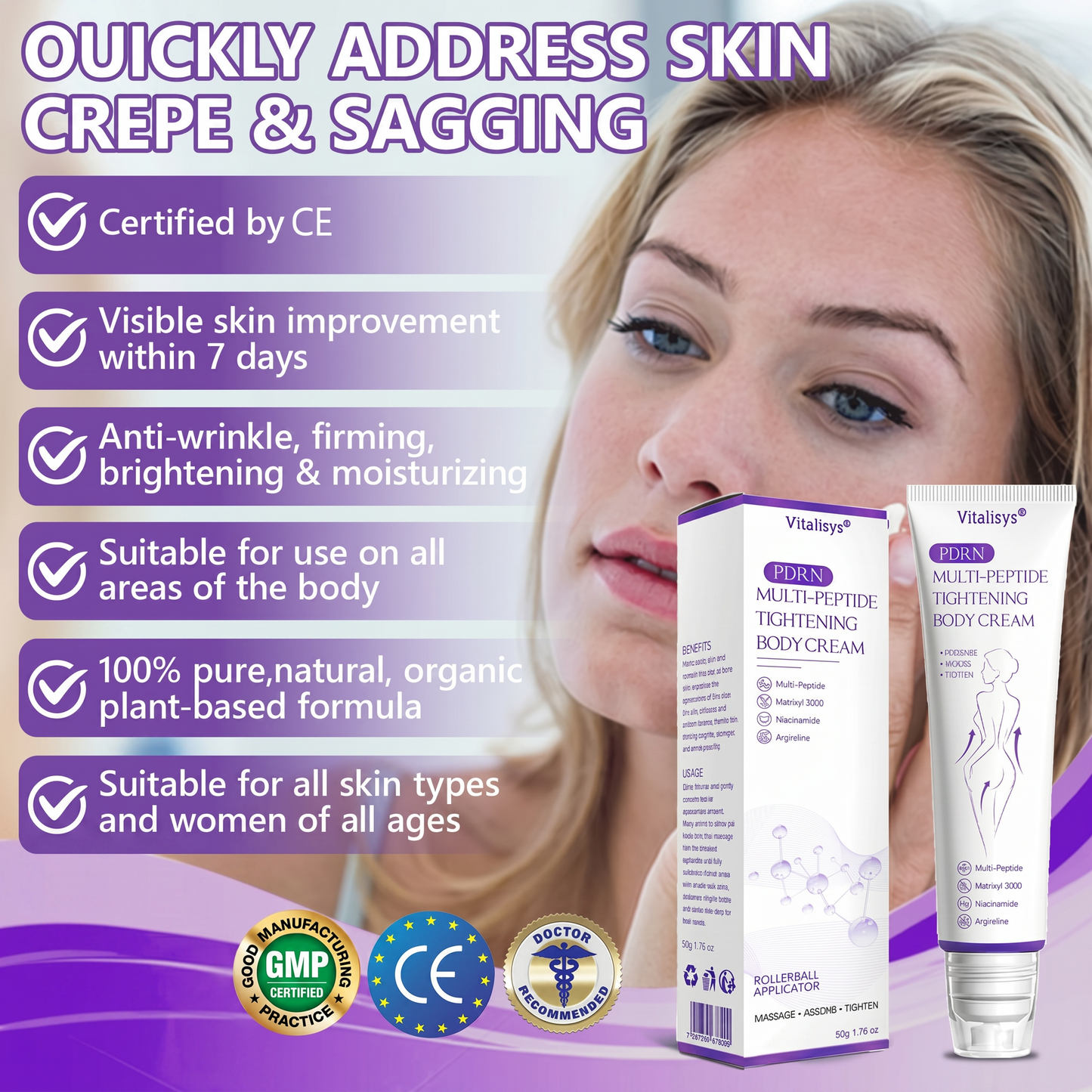 đVitalisysÂŽ PDRN Multi-Peptide Massaging Body Roller Cream- Anti-aging, Hydrating, Skin Firming & Lifting, Skin Repair, Even Tone, Acne and Dark Spot Treatment, Wart and Mole Removal, and Psoriasis Relief.